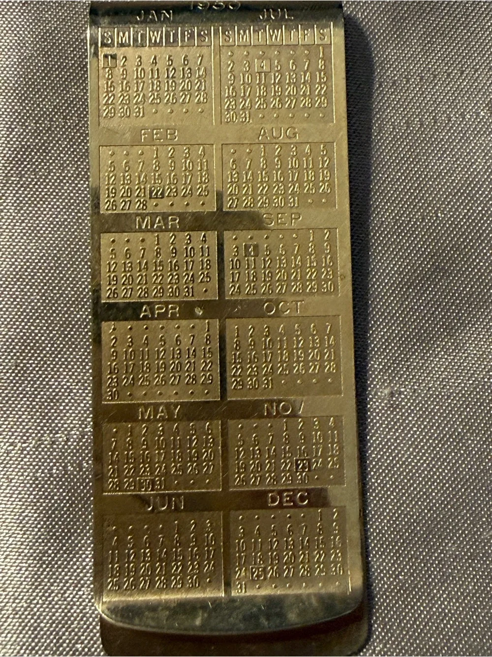 Vintage Money Clip 1950/1951 Perpetual Calendar - Gold Tone